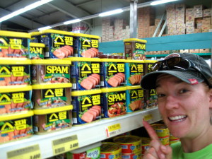 Beth and some awesome Korean spam at Kosa-Mart.