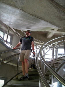 Patrick bumping his head on the Korea staircase from the observation tower.