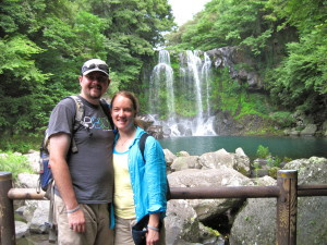 A nice Irish couple took this photo of Patrick and I at the second falls. Nice drop and pretty rocky rim to the pool. You can't tell, but there are about 50 Korean tourists all around us!