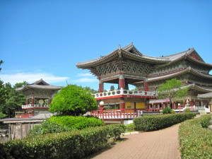 The stunning temple, as I first saw it after emerging from heavy tree cover. Wow. Check out the two guard tower in front - the closer one has a huge side-ringing bell and the far one has a similarly huge drum.