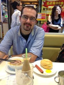 Our Hong Kong/Macau lunch - spicy macaroni soup, flaky roll, and fried rice. Yum!