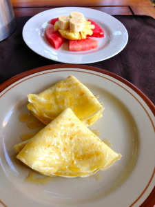 Patio breakfast - banana pancakes and fresh fruit!