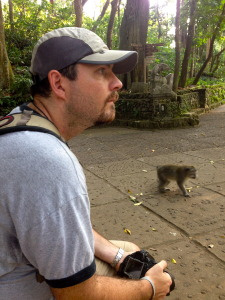 Patrick hanging out with a monkey.