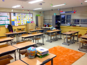 My classroom desk set-up. My desk is in the back corner. I don't spend much time there.